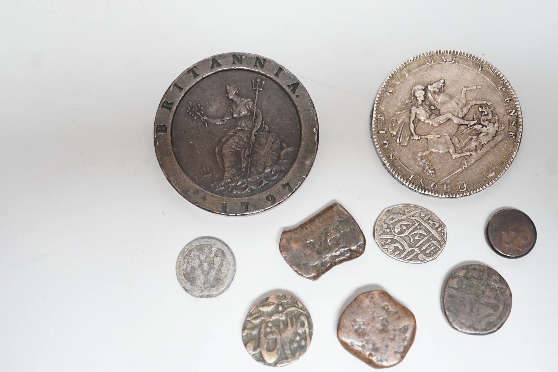 A George III 1797 'cartwheel' 2d, a George III 1819 silver crown and assorted Indian coinage.